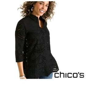 Chico's Women's Size 0 XS Black Lace Up Side Button Front Eyelet Top Boho Chic